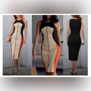 Colorblock Sheath Dress in Black, Beige & Orange